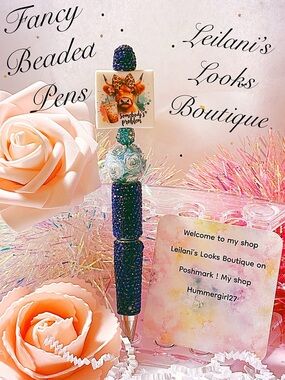 Fancy beaded pen/gifts/cow with a latte/leopard bow/blue flowers